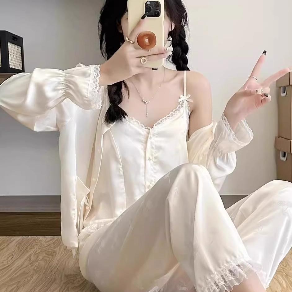 LULU性感睡衣女款2025新款春秋款带胸垫吊带睡裙睡袍家居服三件套