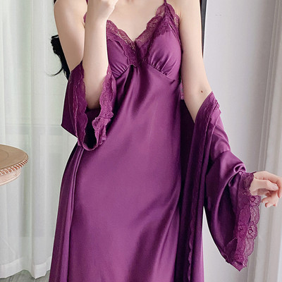 真丝蕾丝吊带睡裙带胸垫两件套