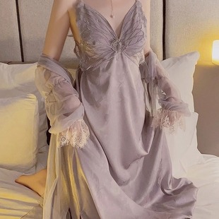 夏季性感纯欲风真丝绸吊带睡裙带胸垫长袖睡袍两件套春秋蕾丝睡衣