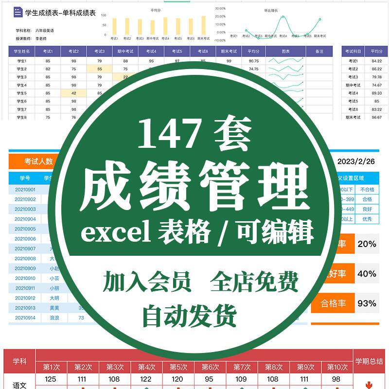 学生成绩排名统计分析个人成绩自动计算管理登记系统excel图表格a