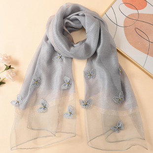 真丝丝巾女高档桑蚕丝纱巾小众设计感蝴蝶灰色围巾妈妈披肩外搭