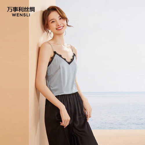 wensli/万事利吊带蕾丝拼接真丝