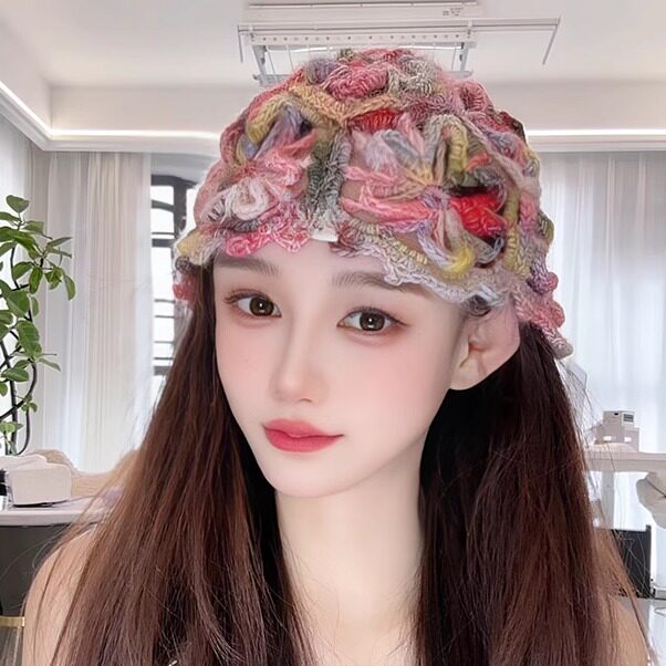 手工编织花朵渐变针织套头帽女2025新款春夏镂空透气包头帽显脸小
