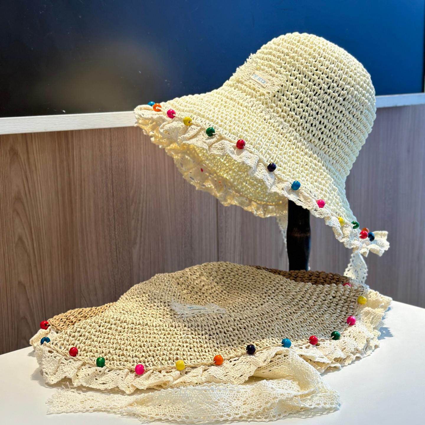 海边度假风彩色珠子草帽女夏季大檐遮阳防晒可折叠休闲甜美沙滩帽