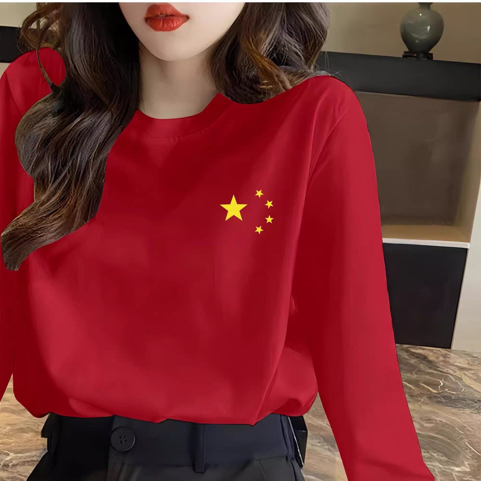 国庆节日出游长袖纯棉男女春秋大红色团队服装班服演出T恤国潮风