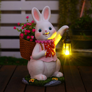 户外花园庭院卡通小兔子花盆落地摆件太阳能灯阳台装 饰品景观造景
