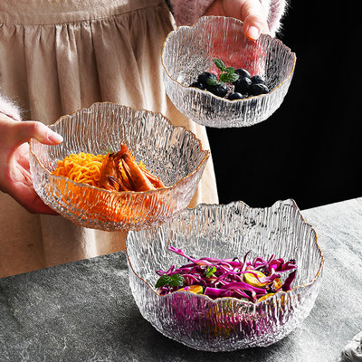 日式锤纹透明沙拉碗玻璃三件套