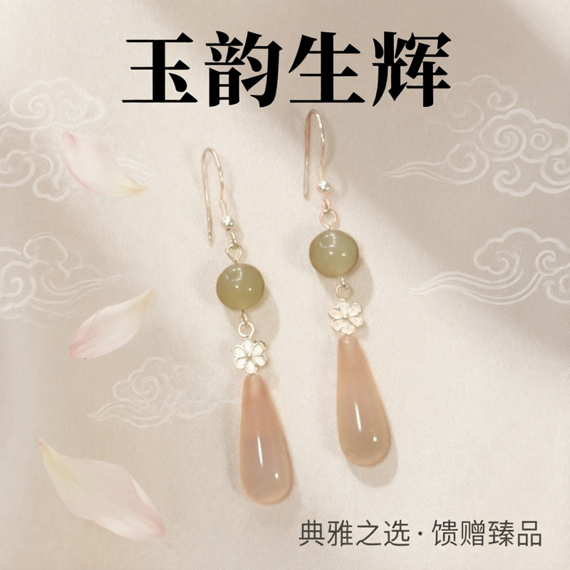 新中式和田玉玉髓水滴纯银耳环