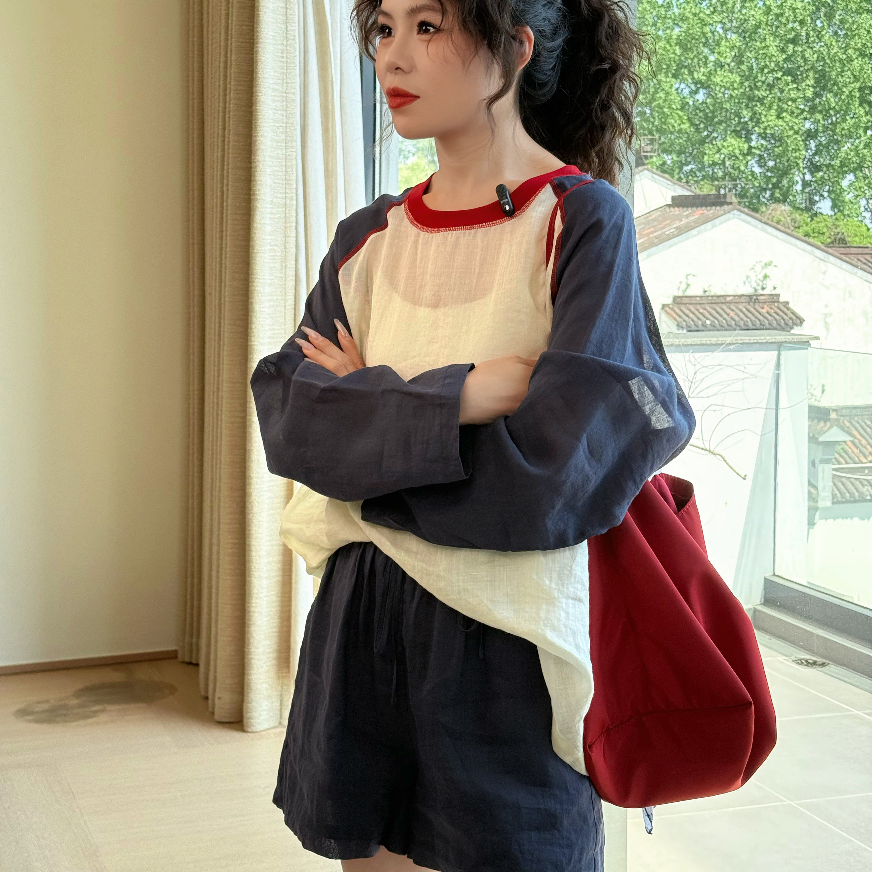 几里与麻撞色插肩宽松两件套女图片