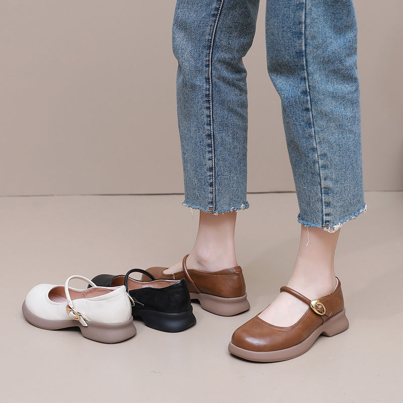 真皮女鞋圆头玛丽鞋子新款爆款厚底一字单鞋软皮复古软底皮鞋大头