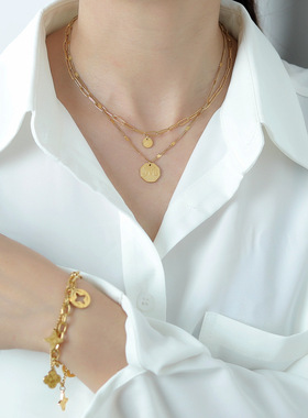 双层叠戴字母吊坠项链女小众设计