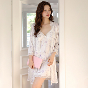 夏季凉感蕾丝碎花带胸垫睡袍套装
