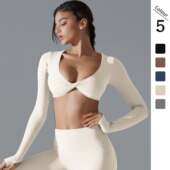 欧美性感运动长袖 上衣含胸垫 健身服女深V领透气瑜伽服露脐短款