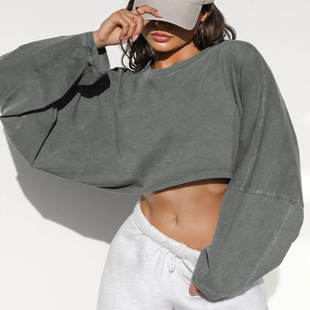 罩衫 宽松运动长袖 外穿跑步健身服上衣女 露脐圆领卫衣短款 欧美时尚