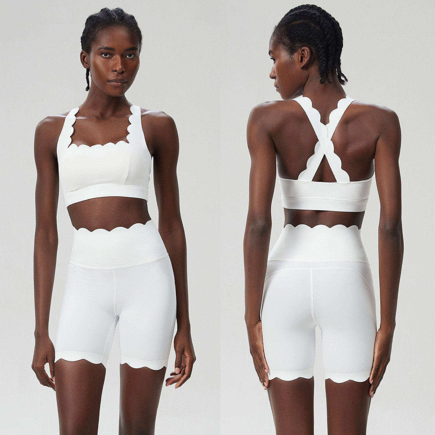 无痕波浪瑜伽服套装女花边交叉防震美背运动文胸提臀健身短裤套装