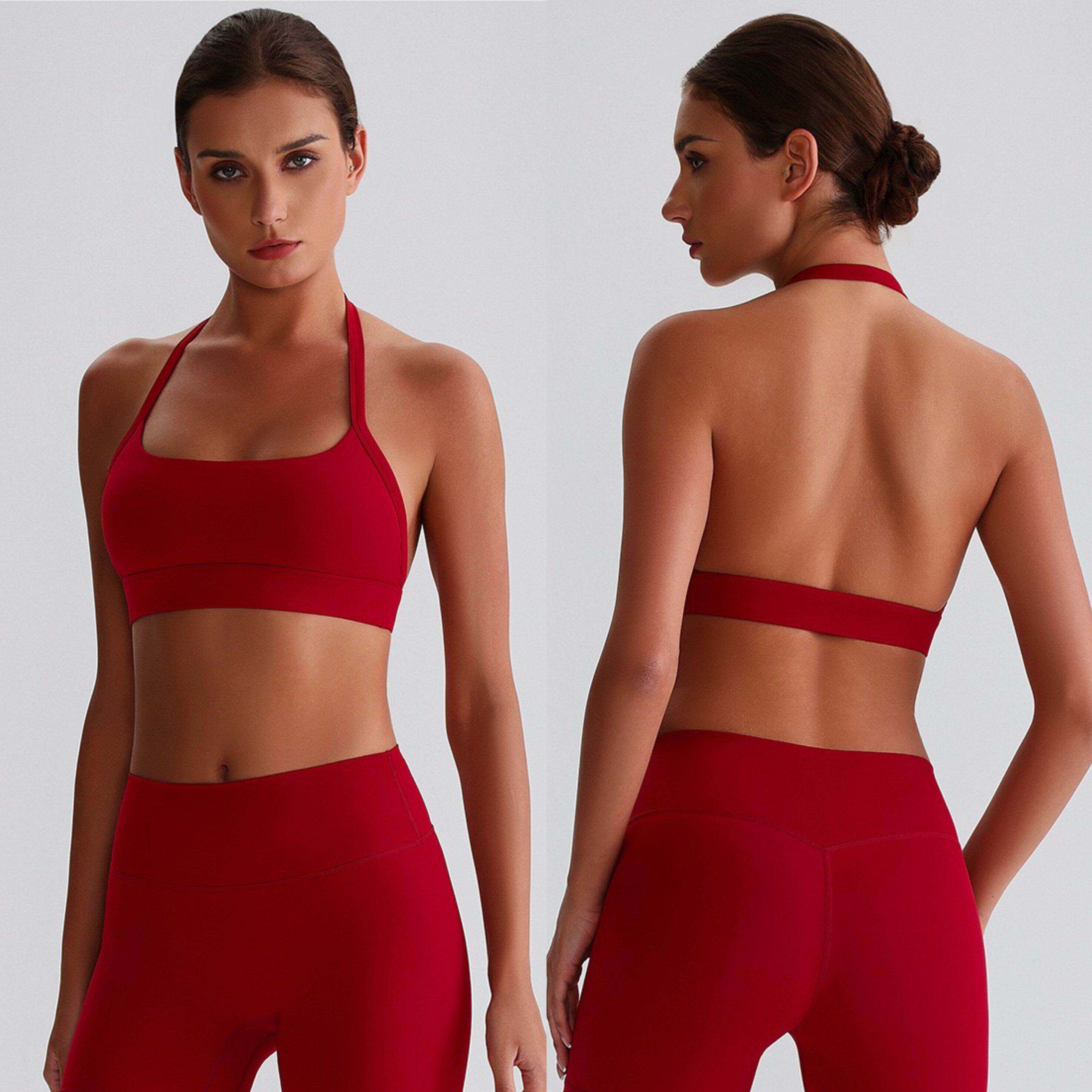 欧美新款性感挂脖运动文胸女美背健身内衣裸感亲肤透气瑜伽背心