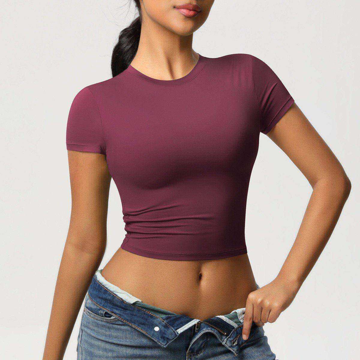 双面锦纶紧身速干运动短袖T恤普拉提上衣跑步健身衣瑜伽服短袖女