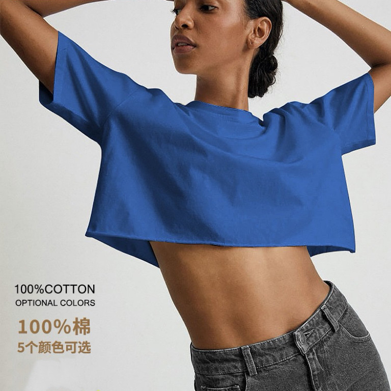 欧美辣妹宽松运动短袖罩衫女短款露脐圆领跑步健身服T恤休闲上衣