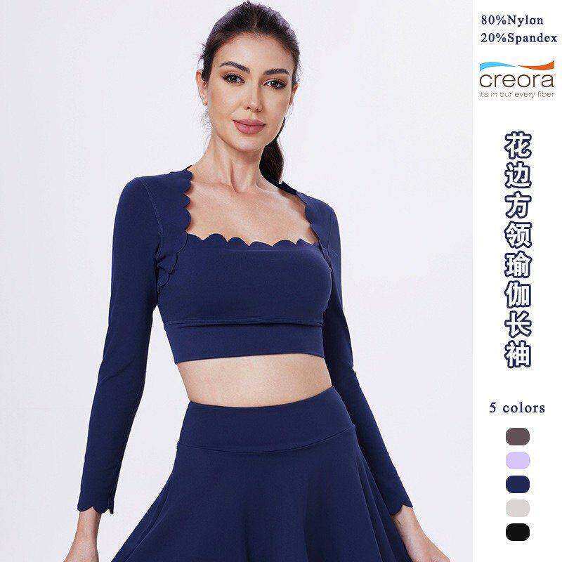 欧美方领花边紧身运动长袖外穿跑步健身服上衣速干波浪边瑜伽服女