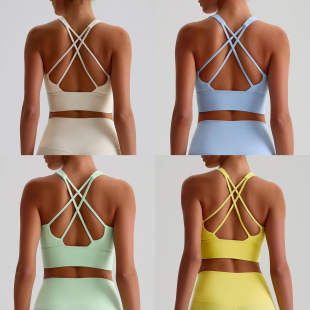 欧美裸感运动内衣高强度防震聚拢跑步健身文胸交叉美背瑜伽背心女