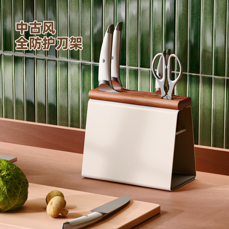 尔沫新款中古风刀架置物架菜刀刀具收纳架厨房台面实木刀座置物架图片