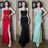 夜总店性感长款 spa技师工作服足浴足疗晚礼服 漏肩连衣裙气质柔式