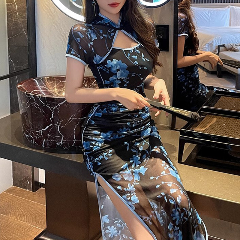 优雅性感黑色新中式改良旗袍K歌足浴SPA技师工服日常气质修身长裙
