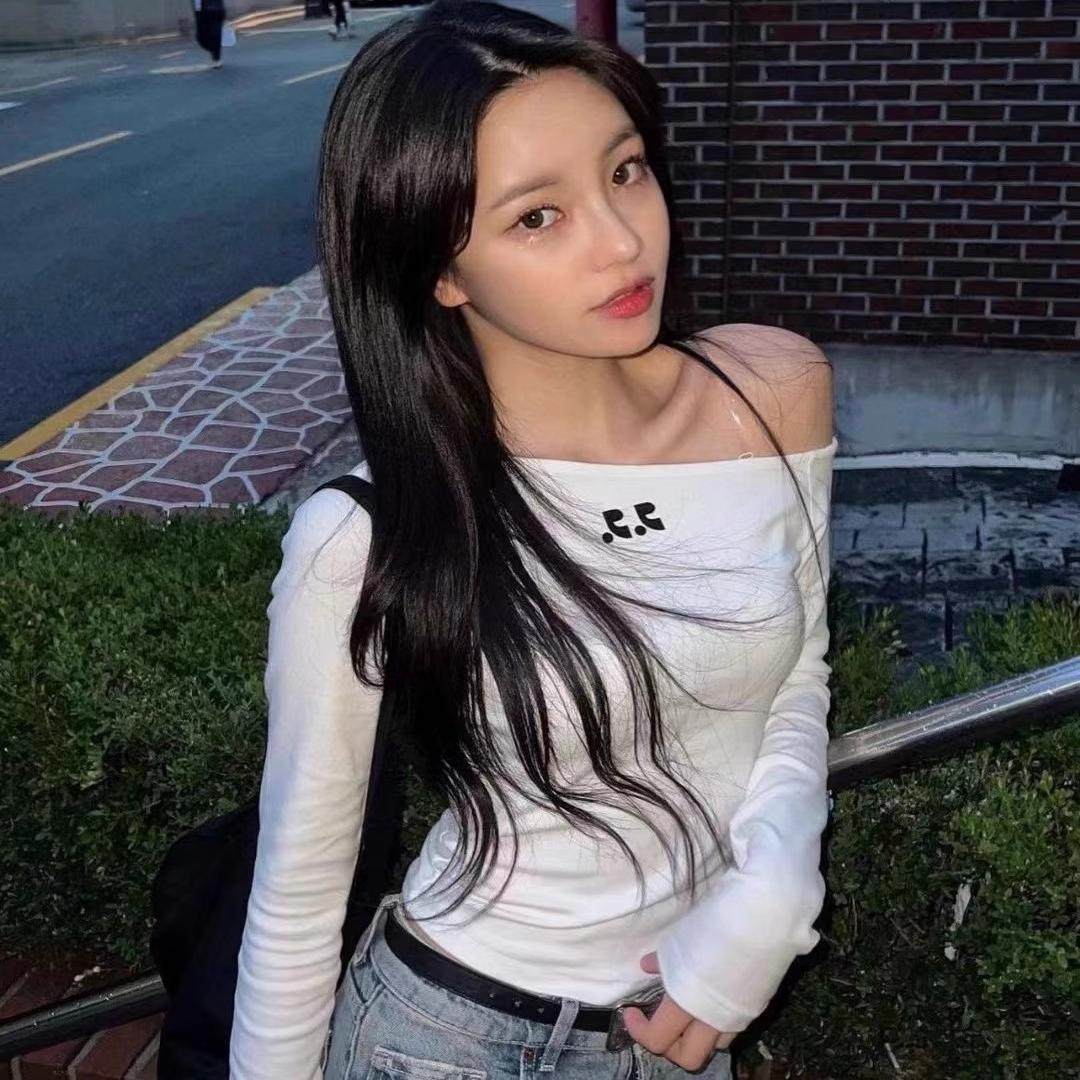 现货韩国restandrecreation小众设计斜肩长袖t恤弹力修身RR打底衫