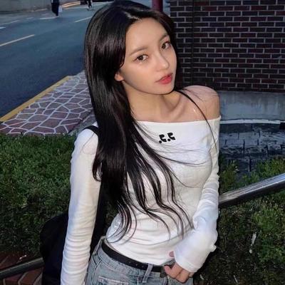 现货韩国restandrecreation小众设计斜肩长袖t恤弹力修身RR打底衫