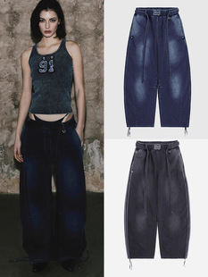 韩国小众badblood美式复古街头风牛仔色宽松休闲阔腿裤拖地裤长裤