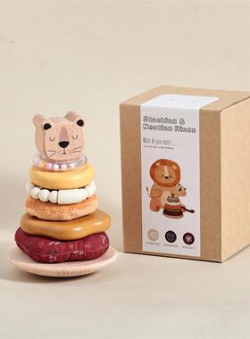 宝宝早教益智动手动脑大小配对颜色认知玩具木制堆叠动物套柱摇铃