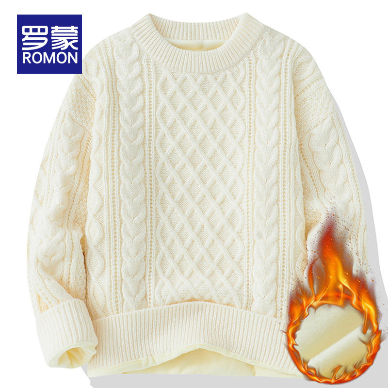 罗蒙2025冬季新款圆领麻花毛衣男士加绒保暖针织打底衫内搭线衣服