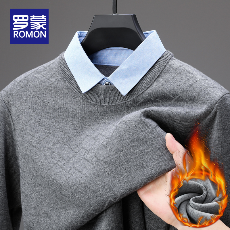 罗蒙男士加绒衬衫领线衣秋冬季
