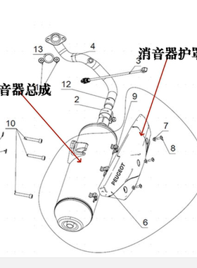 标致摩托原厂配件 Pulsion211 QP200T-H 消音声器排气管总成