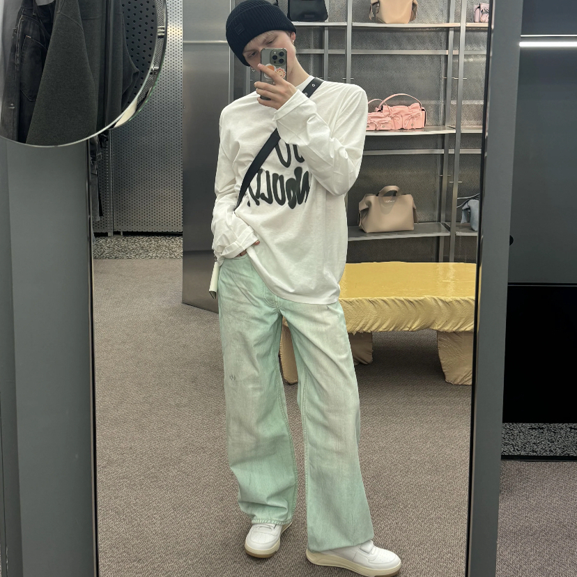 【高端】ac正确1981m夜光涂层薄荷绿宽松阔腿裤做旧脏脏粉牛仔裤