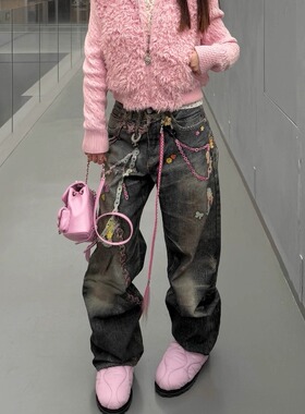 高端 AC1981m糖果链条印花宽松直筒牛仔裤男女春秋季3D弯刀裤2006
