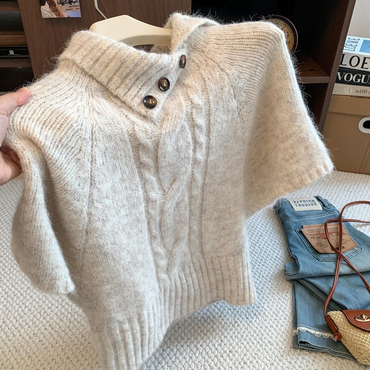 复古高领短袖针织毛衣女早秋内搭慵懒风翻领中袖斗篷上衣秋冬季