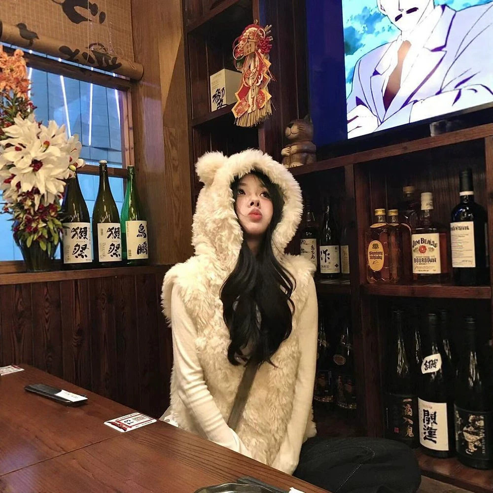 耳朵马甲毛毛外套女2026秋冬新款连帽仿羊羔毛绒马夹坎肩背心