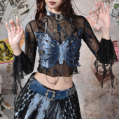 虚轨原创 两件套 沉溺蝴蝶y2k辣妹朋克铆钉链条蝴蝶抹胸网纱打底衫
