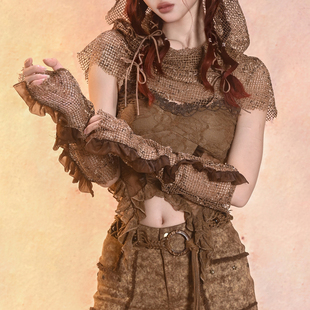 虚轨原创 末日侵蚀废土沙丘y2k辣妹百搭网格做旧复古手袖袖套夏季