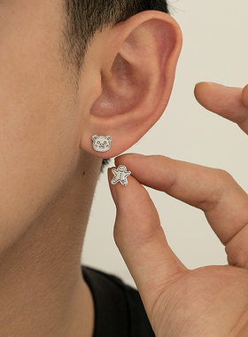 S925银姜饼人小熊不对称耳钉耳环男小众设计高级感复古精致耳饰女