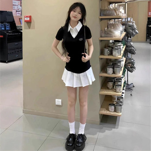 夏季 收腰显瘦百褶短裙 学院风撞色假两件衬衫 连衣裙女Polo领短袖