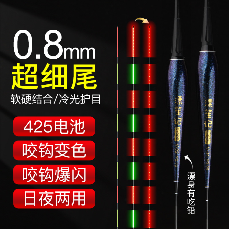 0.8mm极细硬尾夜光漂咬钩变色