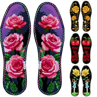 新款玫瑰香黑色底合集带花边七层纯棉布十字绣鞋垫薄款柔软小格子