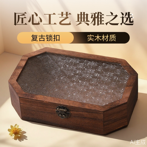 复古八边形海棠压花玻璃木制盒子