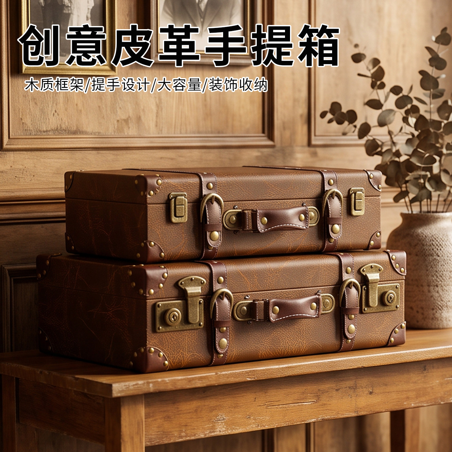 复古皮革手提箱怀旧收纳箱道具箱图片