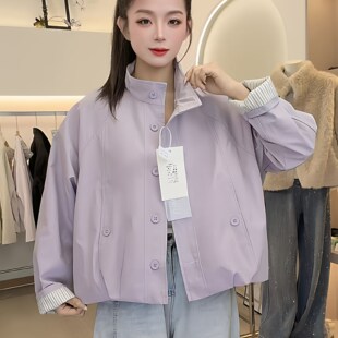 冲锋款 条纹拼接立领短外套休闲减龄夹克衫 上衣百搭潮 新款 2026春季