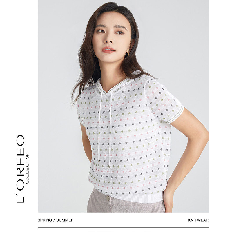 lorfeo/奥菲欧休闲短袖波点针织衫宽松t恤2022年夏季新款连帽女