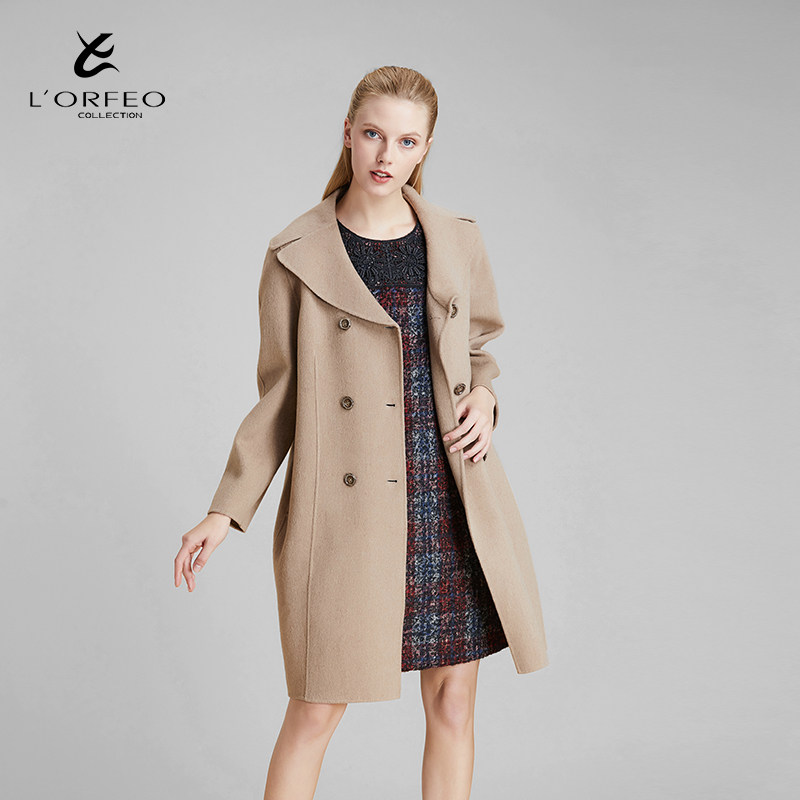 lorfeo/奥菲欧羊毛大衣中长款秋冬韩版宽松外套双排扣毛呢上衣