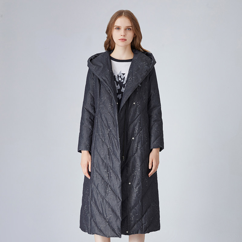 lorfeo/奥菲欧连帽长款羽绒服气质百搭显瘦白鹅绒保暖简约外套女